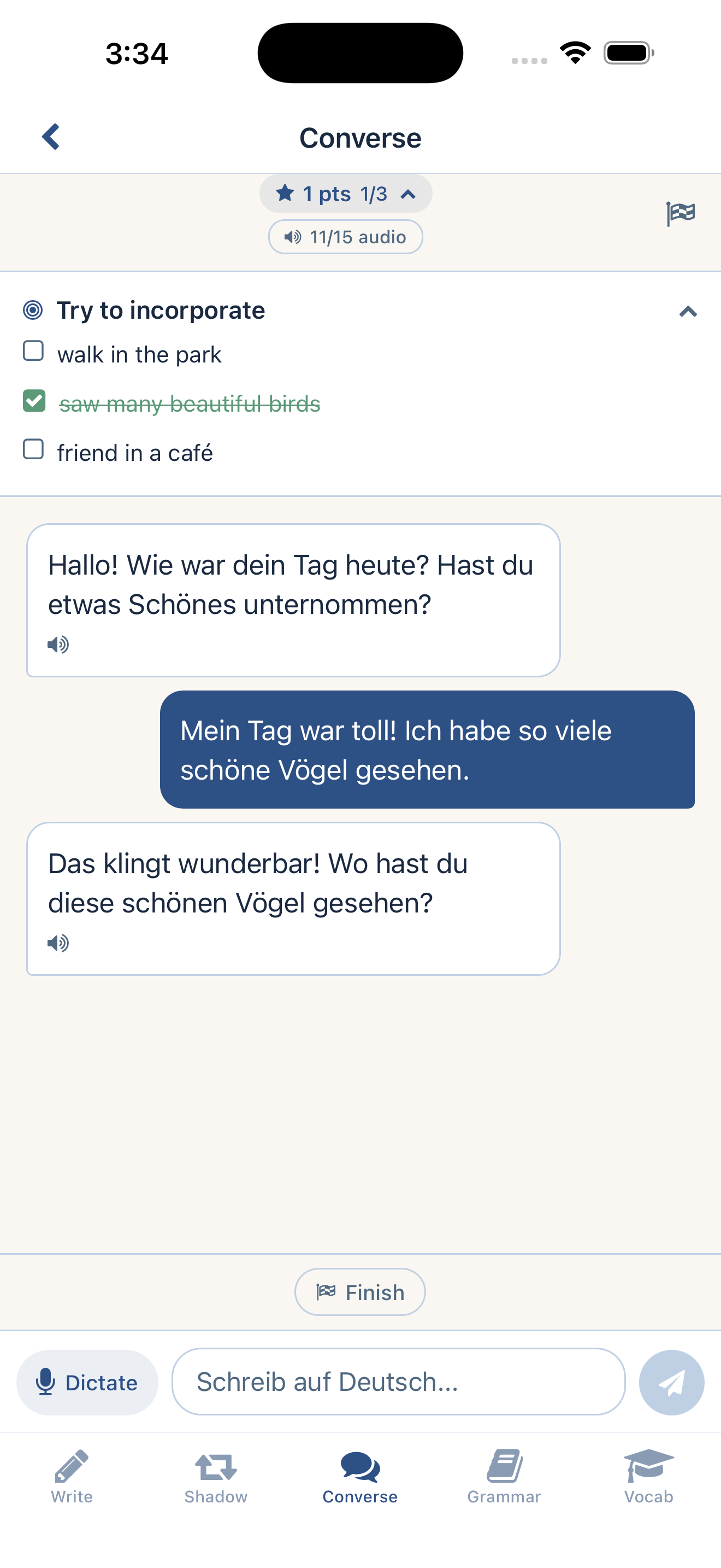 ShadowDaily Converse screen: an AI German conversation using phrases you shadowed