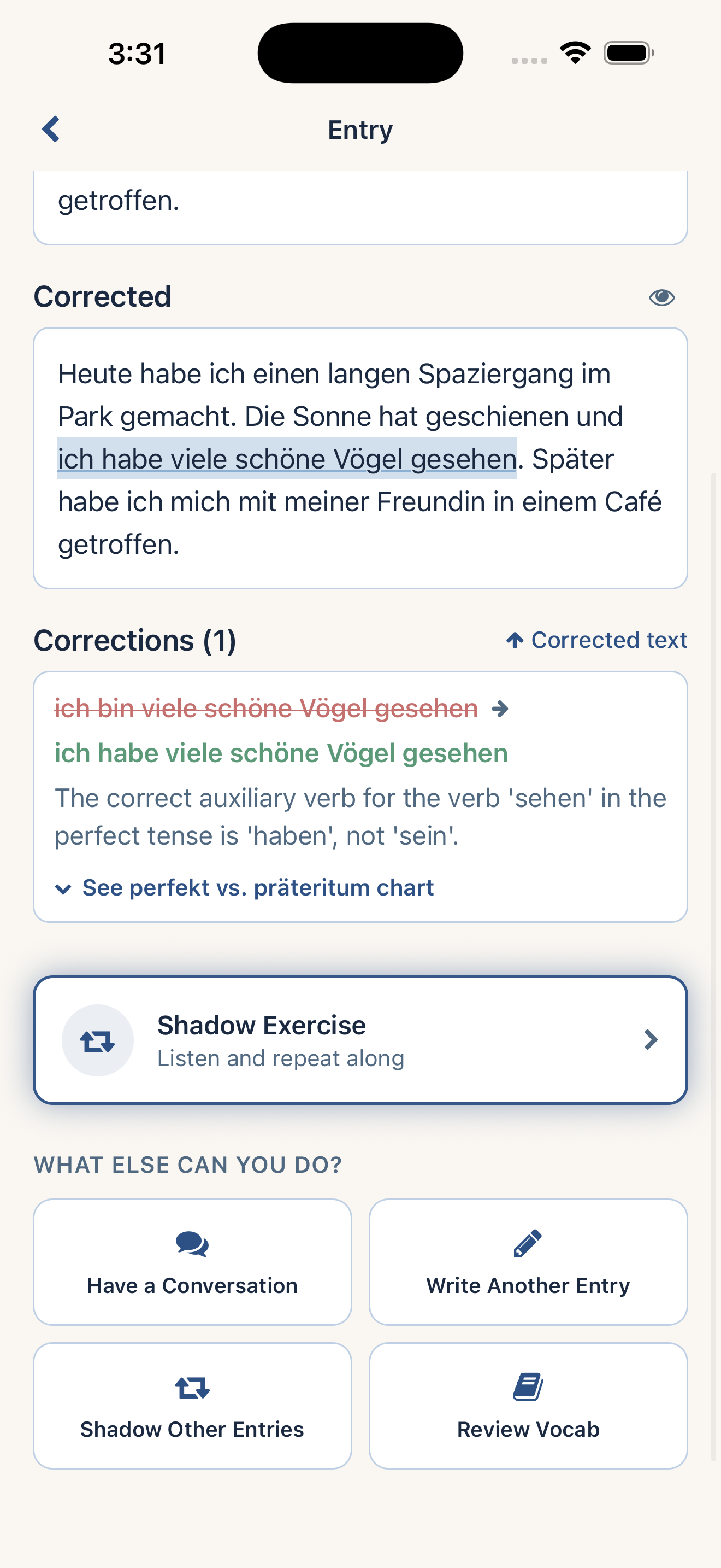 ShadowDaily Learn screen: detailed German grammar corrections and native-speaker suggestions