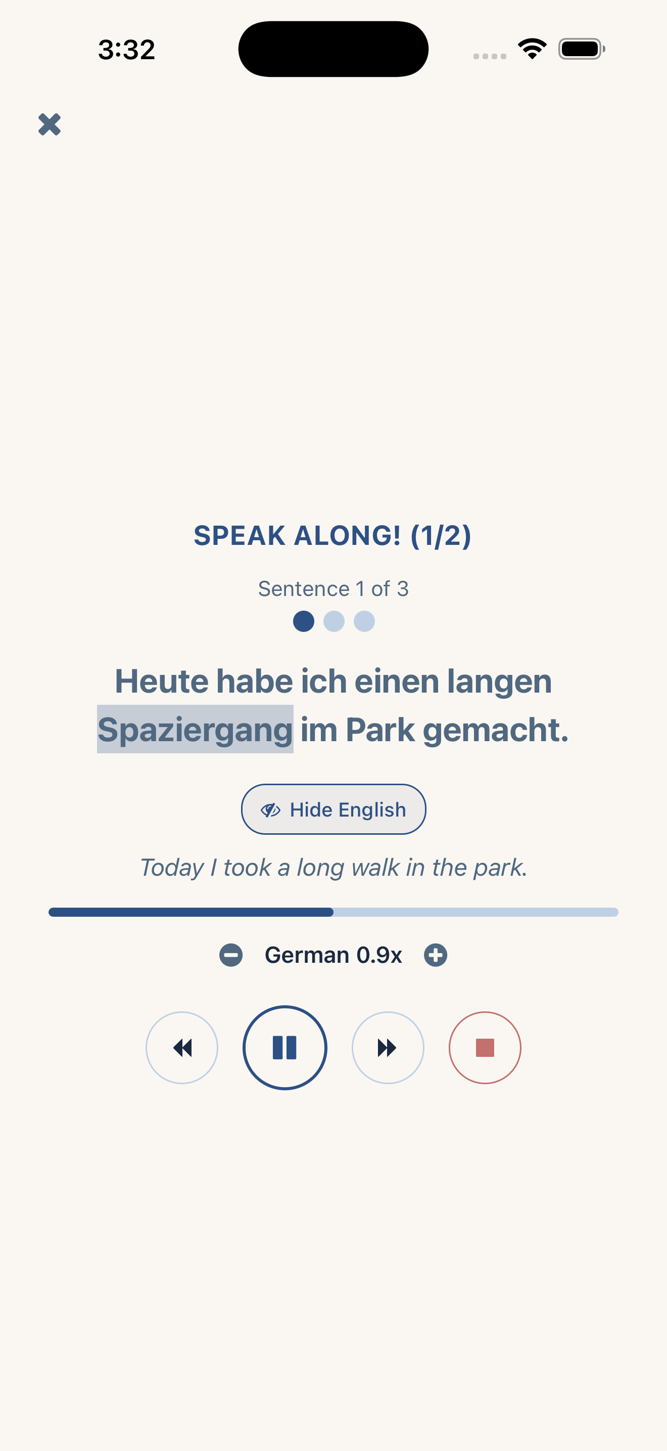 ShadowDaily Shadow screen: a hands-free German shadowing exercise from a corrected diary entry