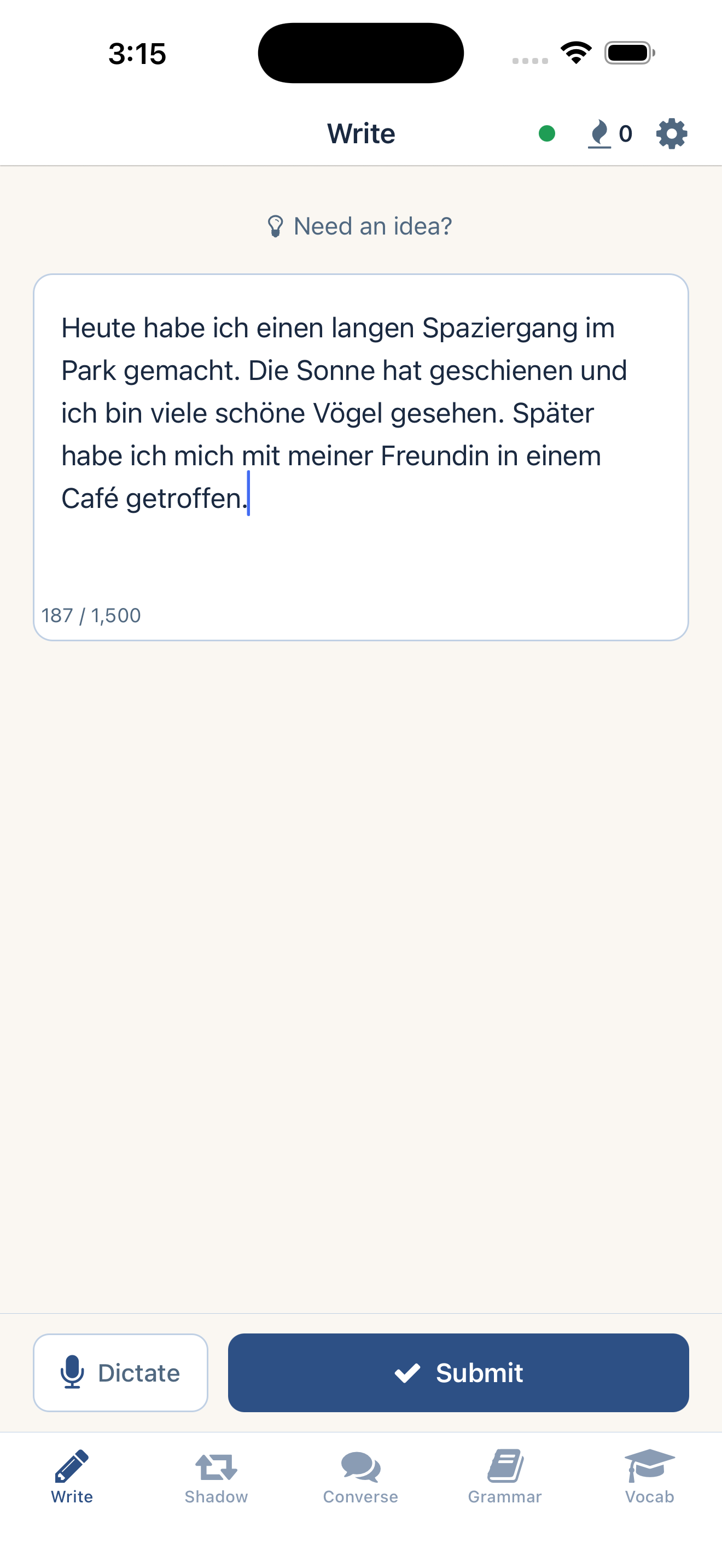 ShadowDaily Write screen: composing a German diary entry about your day